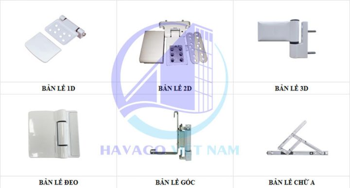 Hình ảnh minh họa các loại bản lề cửa nhựa lõi thép đa dạng, từ bản lề 3D đến bản lề chữ A, phù hợp cho nhiều kiểu cửa khác nhau
