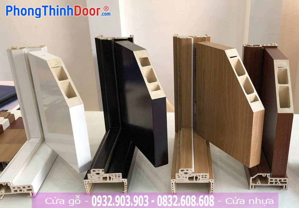 Mặt cắt góc thể hiện cấu tạo chắc chắn của cửa gỗ nhựa composite 2 cánh, đảm bảo độ bền và khớp nối hoàn hảo.