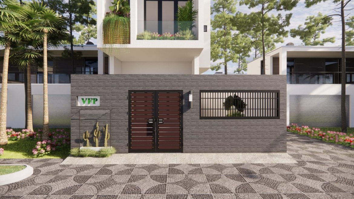 Mẫu cửa cổng gỗ nhựa composite thiết kế ngang, phù hợp nhiều kiến trúc