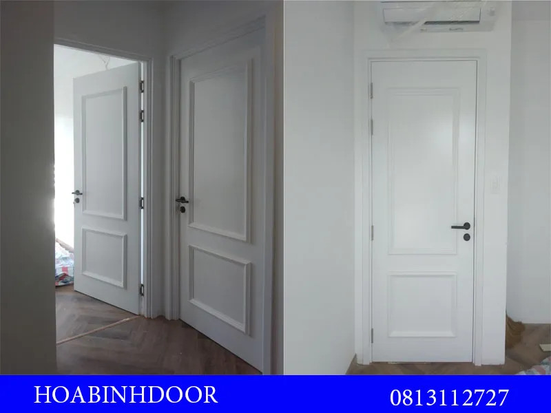 Mẫu cửa nhựa composite đẹp màu gỗ nhạt với thiết kế hiện đại, phù hợp cho phòng ngủ