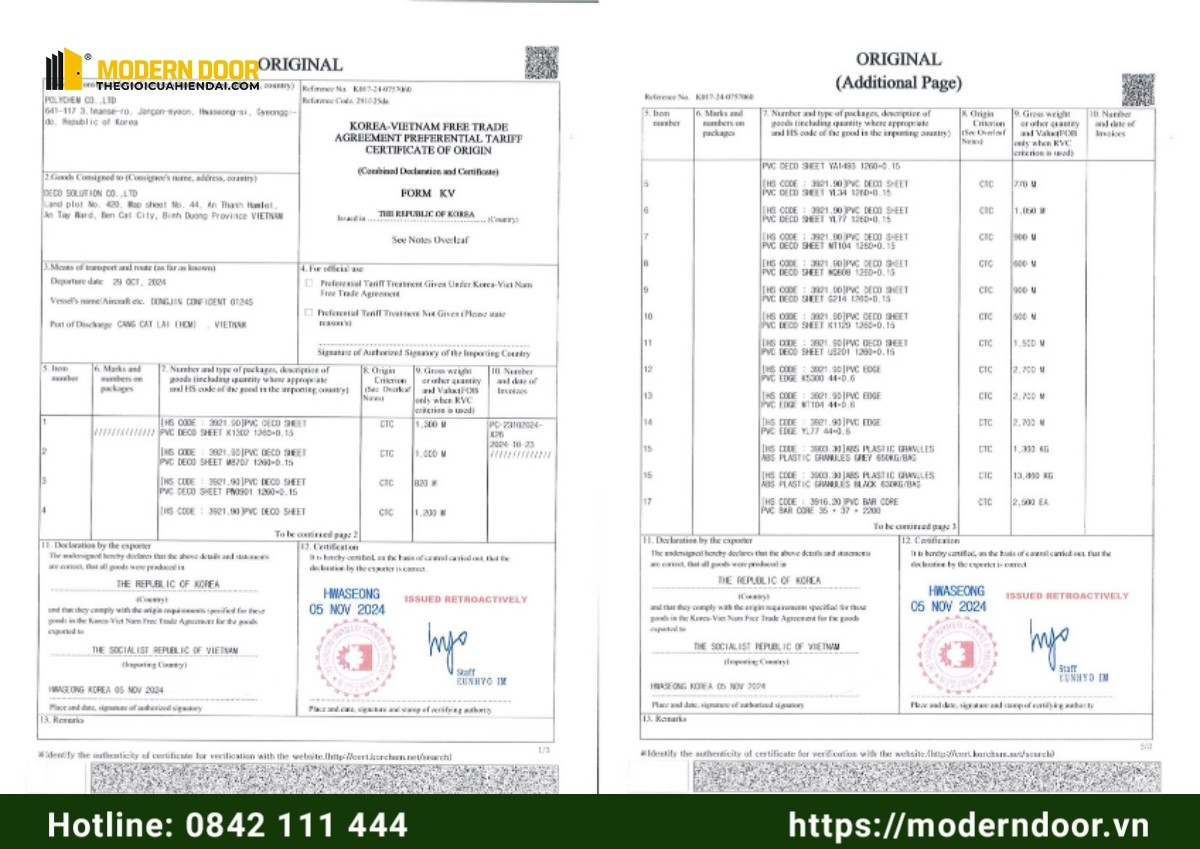 Mẫu cửa nhựa Composite Hàn Quốc chính hãng với CO xuất xứ rõ ràng