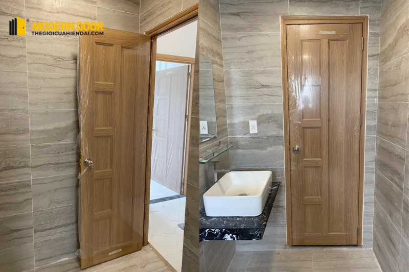 Mẫu cửa nhựa Đài Loan cho toilet với thiết kế vân gỗ tối giản