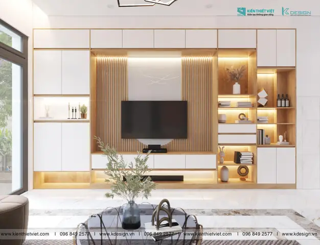 2.3. Ốp gỗ vách kệ tivi phòng khách