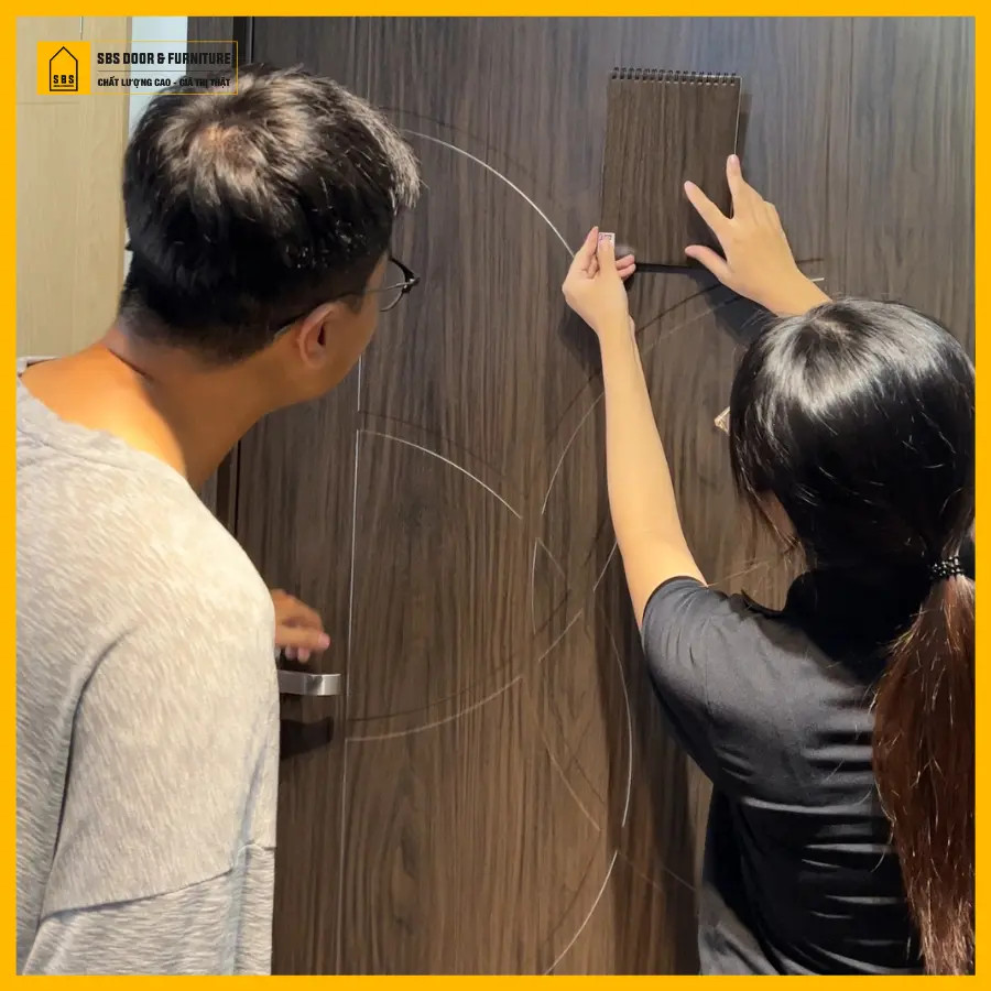 Nhân viên NNM GROUP tư vấn kiểu dáng cửa và mã màu