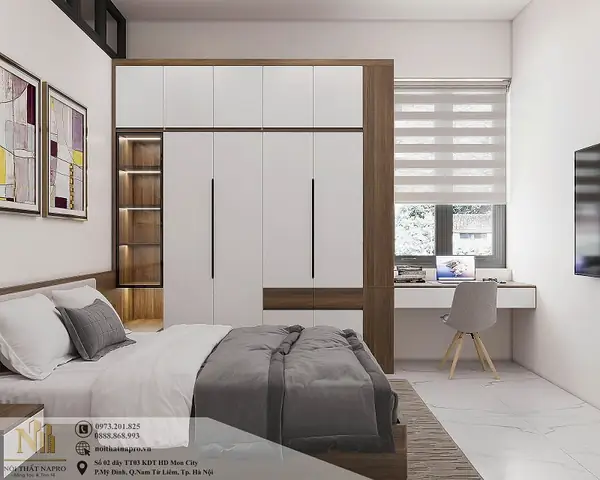 Tối ưu hóa phòng ngủ 20m2 với giá sách và bàn làm việc tiện nghi