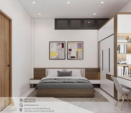 Tối ưu hóa phòng ngủ 20m2 với giá sách và bàn làm việc tiện nghi