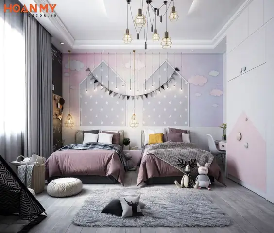 Thiết kế phòng ngủ cho 2 chị em với 2 chiếc giường đơn