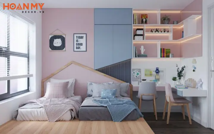 Thiết kế phòng ngủ cho 2 chị em với 2 chiếc giường đơn