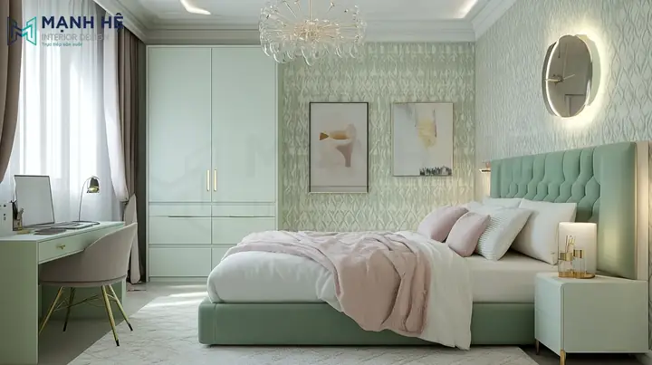phòng ngủ màu xanh pastel