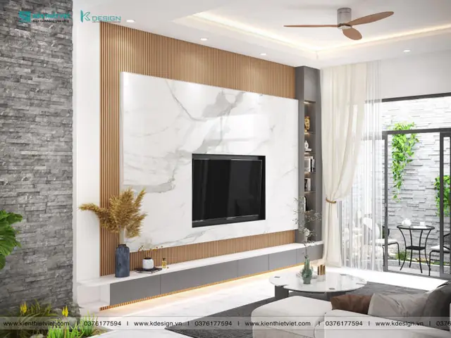 2.3. Ốp gỗ vách kệ tivi phòng khách