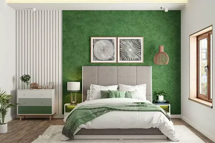 Cách phối màu trắng-xanh dương-xanh rêu cho phòng ngủ đẹp