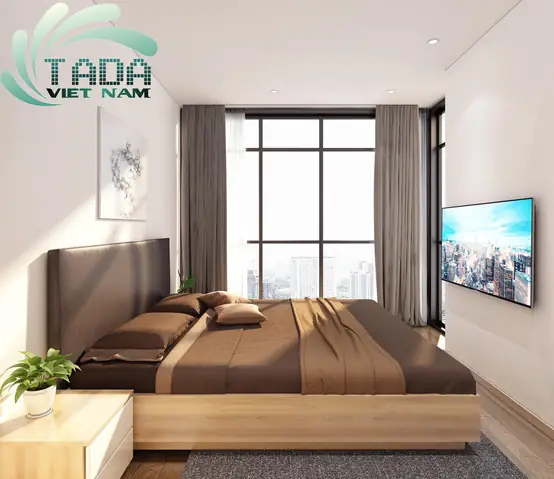 Nội thất phòng ngủ kết hợp giữa tủ góc cánh lùa và giường thông minh.
