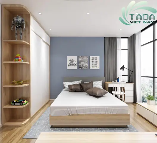 Nội thất phòng ngủ kết hợp giữa tủ góc cánh lùa và giường thông minh.