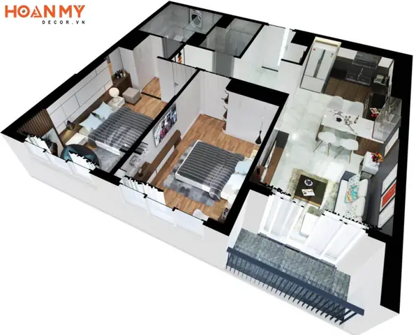 Mặt bằng thiết kế chung cư 100m2 2 phòng ngủ phổ biến hiện nay