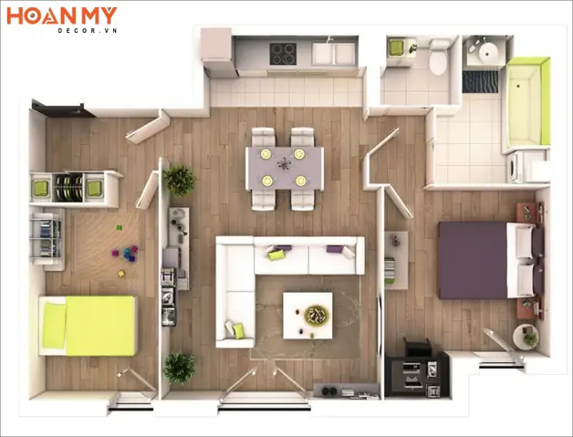 Mặt bằng thiết kế chung cư 100m2 2 phòng ngủ phổ biến hiện nay