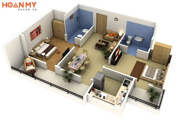 Mặt bằng thiết kế chung cư 100m2 2 phòng ngủ phổ biến hiện nay
