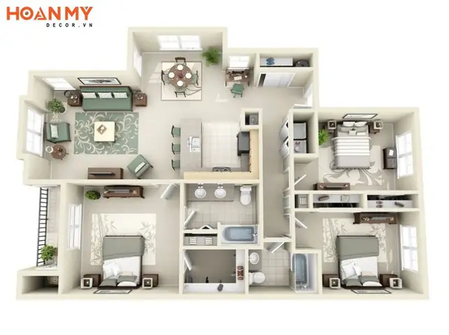 Mặt bằng căn hộ chung cư 120m2 3 phòng ngủ
