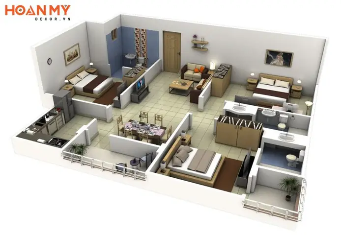 Mặt bằng căn hộ chung cư 120m2 3 phòng ngủ