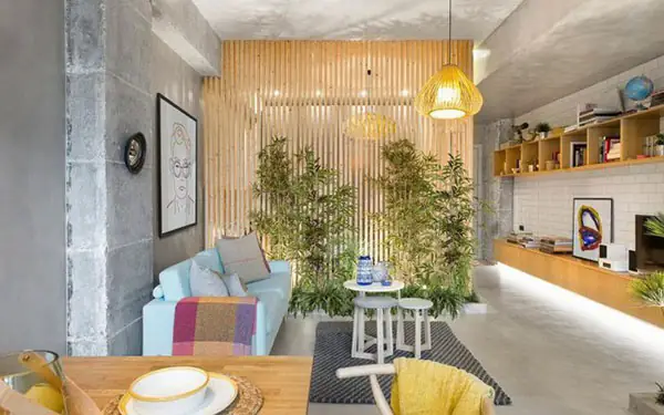 Mẫu 1: Thiết kế căn hộ 46m2 2 phòng ngủ gần gũi với thiên nhiên