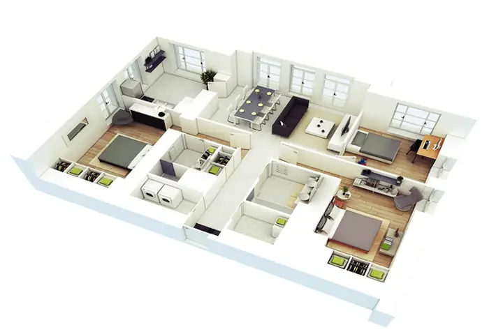 Hình cắt 3D thiết kế nội thất căn hộ 80m2 3 phòng ngủ đẹp tiện nghi Hình cắt 3D thiết kế nội thất căn hộ 80m2 3 phòng ngủ đẹp tiện nghi