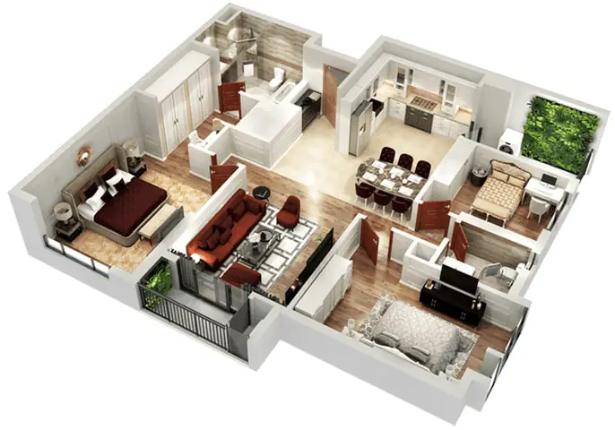 Hình cắt 3D thiết kế nội thất căn hộ 80m2 3 phòng ngủ đẹp tiện nghi Hình cắt 3D thiết kế nội thất căn hộ 80m2 3 phòng ngủ đẹp tiện nghi