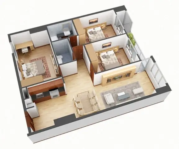 Hình cắt 3D thiết kế nội thất căn hộ 80m2 3 phòng ngủ đẹp tiện nghi Hình cắt 3D thiết kế nội thất căn hộ 80m2 3 phòng ngủ đẹp tiện nghi