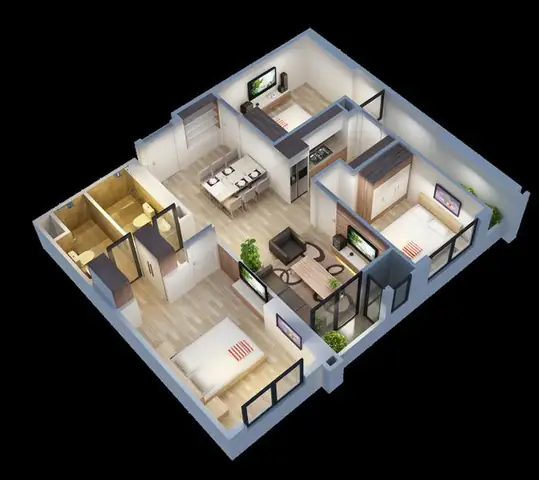 Hình cắt 3D thiết kế nội thất căn hộ 80m2 3 phòng ngủ đẹp tiện nghi Hình cắt 3D thiết kế nội thất căn hộ 80m2 3 phòng ngủ đẹp tiện nghi