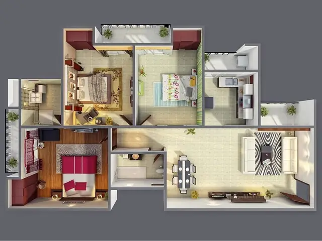 Hình cắt 3D thiết kế nội thất căn hộ 80m2 3 phòng ngủ đẹp tiện nghi Hình cắt 3D thiết kế nội thất căn hộ 80m2 3 phòng ngủ đẹp tiện nghi