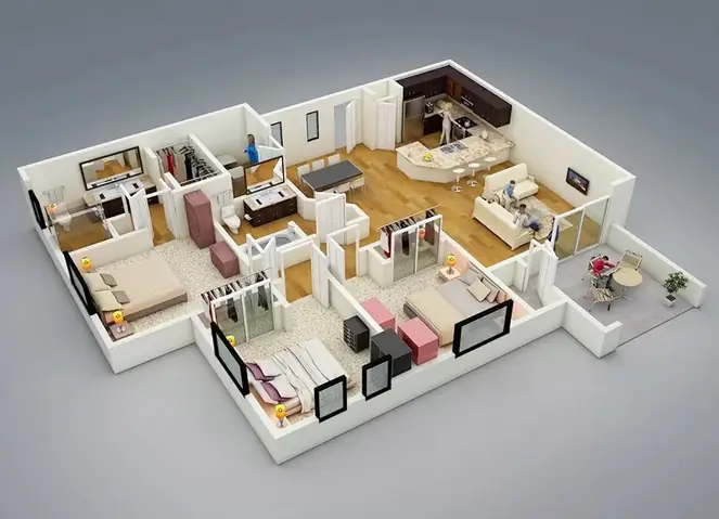 Hình cắt 3D thiết kế nội thất căn hộ 80m2 3 phòng ngủ đẹp tiện nghi Hình cắt 3D thiết kế nội thất căn hộ 80m2 3 phòng ngủ đẹp tiện nghi
