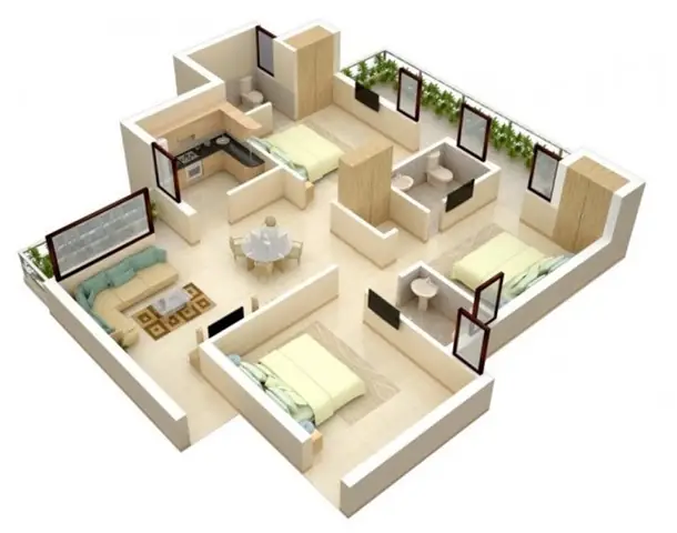 Hình cắt 3D thiết kế nội thất căn hộ 80m2 3 phòng ngủ đẹp tiện nghi Hình cắt 3D thiết kế nội thất căn hộ 80m2 3 phòng ngủ đẹp tiện nghi