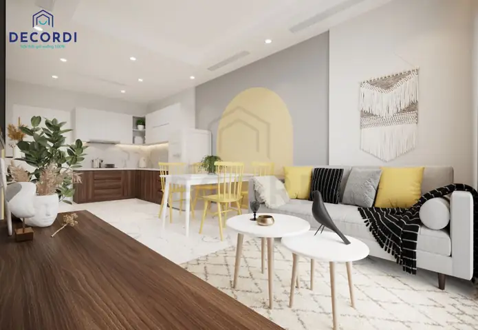 Mẫu 6: Mẫu thiết kế căn hộ 64m2 hiện đại mang tông màu pastel nhẹ nhàng