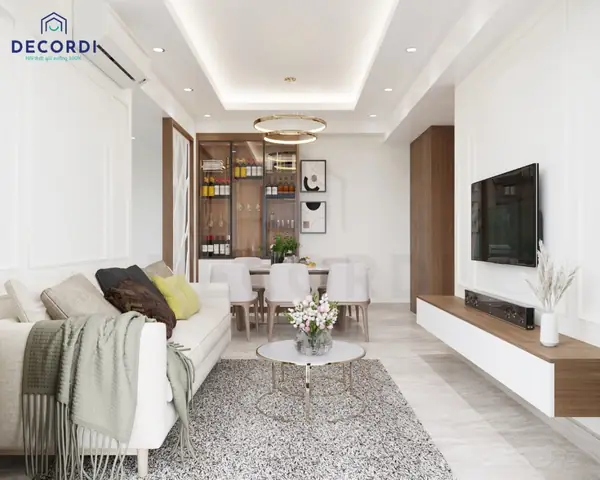 Tận dụng không gian trống của phòng khách kê thêm bàn ăn cùng tủ rượu