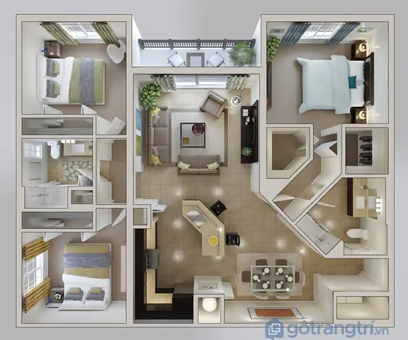 4. Thiết kế căn hộ 3 phòng ngủ: mẫu số 4