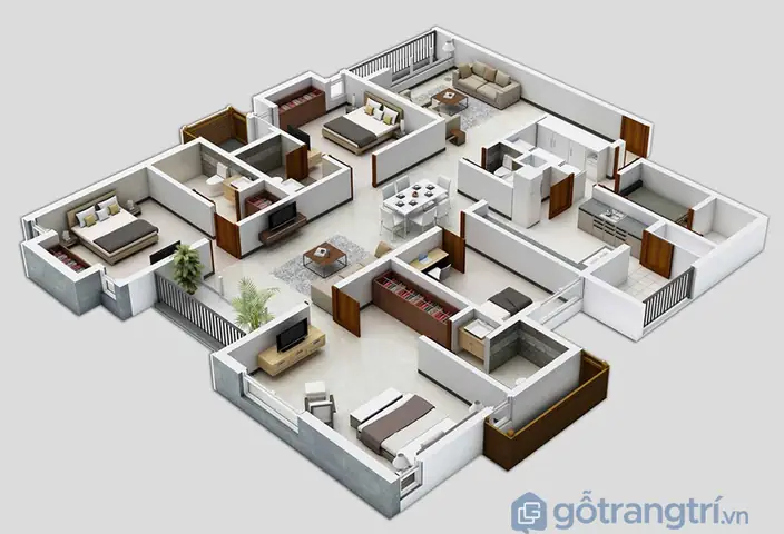 1. Thiết kế căn hộ 3 phòng ngủ: mẫu số 1