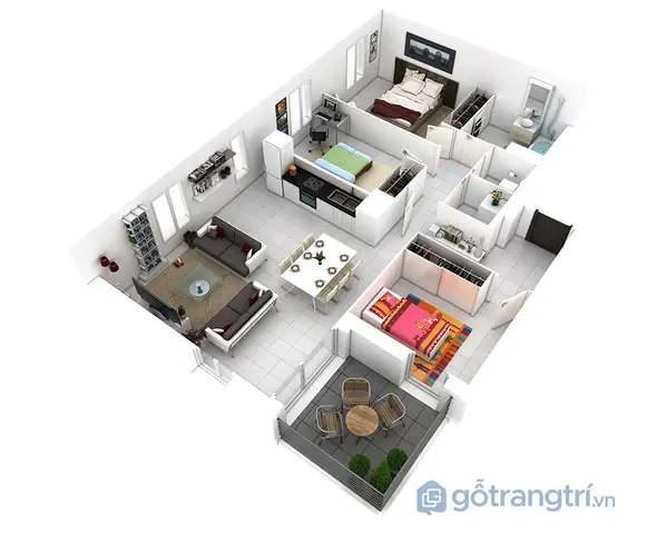 2. Thiết kế căn hộ 3 phòng ngủ: mẫu số 2