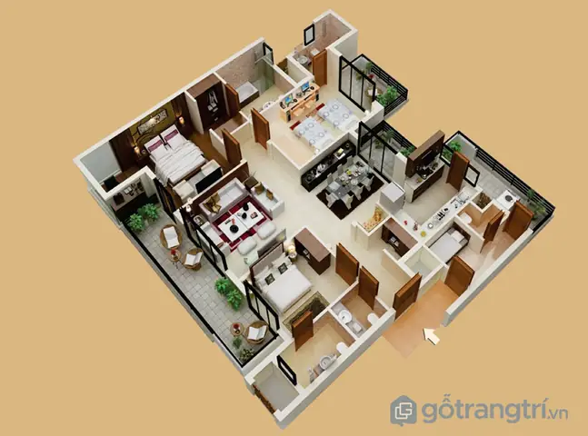 5. Thiết kế căn hộ 3 phòng ngủ: mẫu số 5