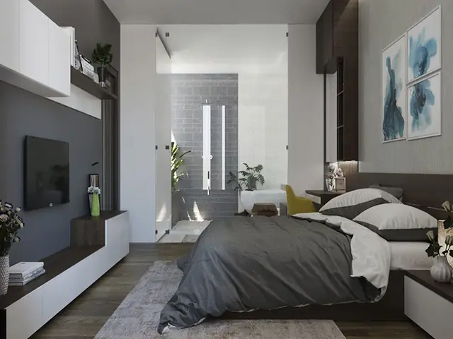 thiết kế phòng ngủ 20m2 có toilet