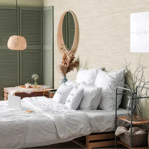 Trang trí phòng ngủ bằng giấy dán tường dệt mây