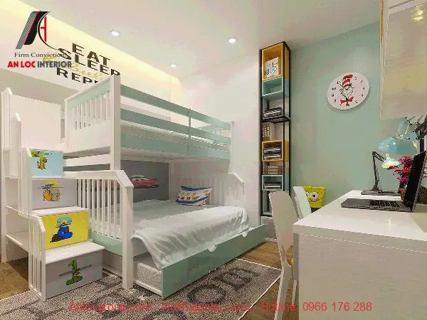 Thiết kế nội thất phòng ngủ màu xanh Ngọc Bích nhạt
