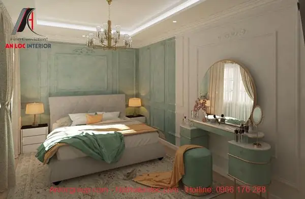 Thiết kế nội thất phòng ngủ màu xanh Ngọc Bích nhạt
