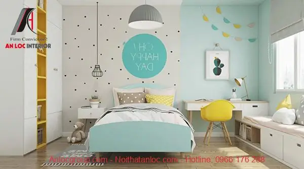 Thiết kế nội thất phòng ngủ màu xanh Ngọc Bích nhạt