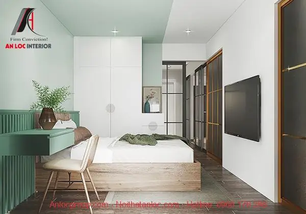 Thiết kế nội thất phòng ngủ màu xanh Ngọc Bích nhạt