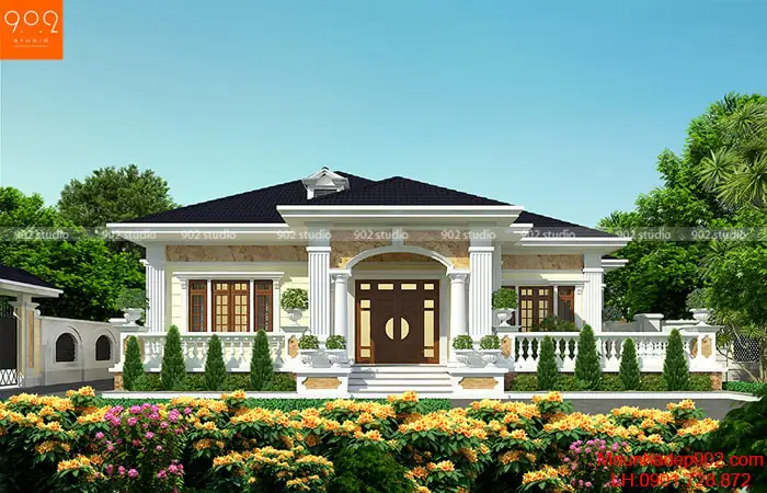 Mẫu biệt thự 1 tầng với diện tích 185m2 3 phòng ngủ với thiết kế cân đối, đường nét trang trí đơn giản, hiện đại nhưng hết sức sang trọng và tinh tế